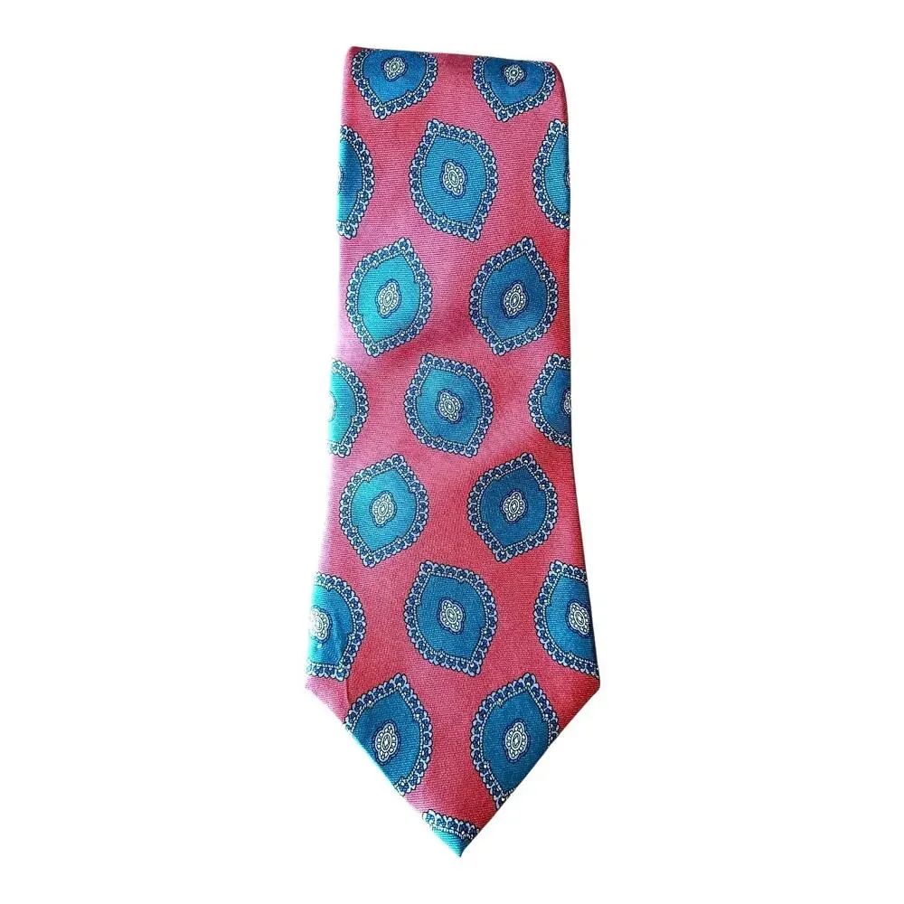 CHRISTIAN DIOR Monsieur Neck Tie Muted Red Blue Medallion Print Italian Silk